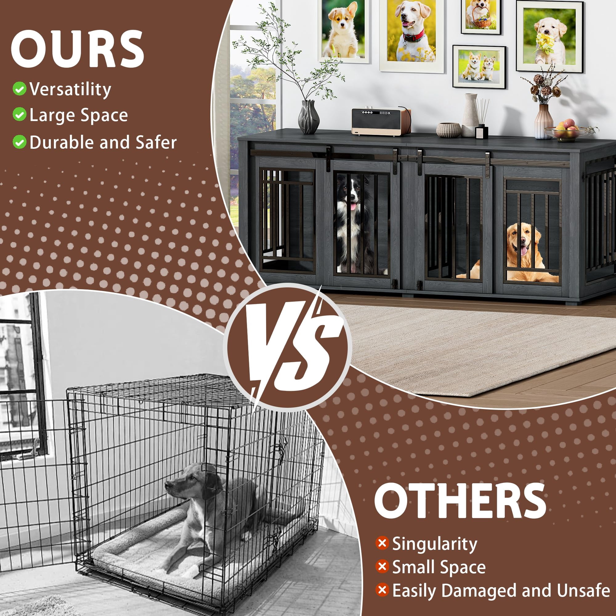 Dog Crate Furniture for 2 Dogs, Akaber 71" Large Dog Kennel Furniture, Steel Frame Dog Crate