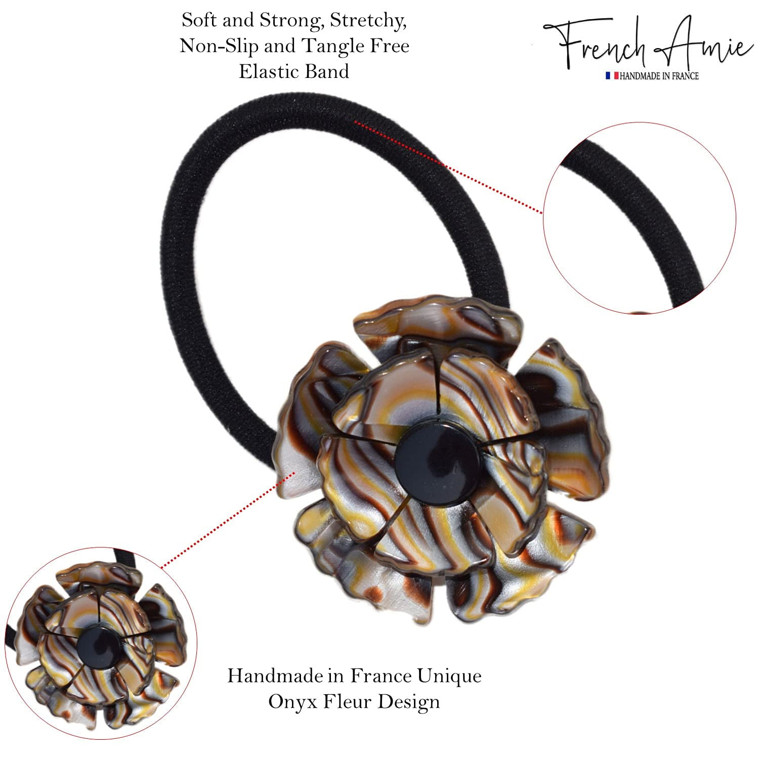 French Amie Fleur Silver Onyx Ponytail Non-Slip Flexible Elastic Hair Tie