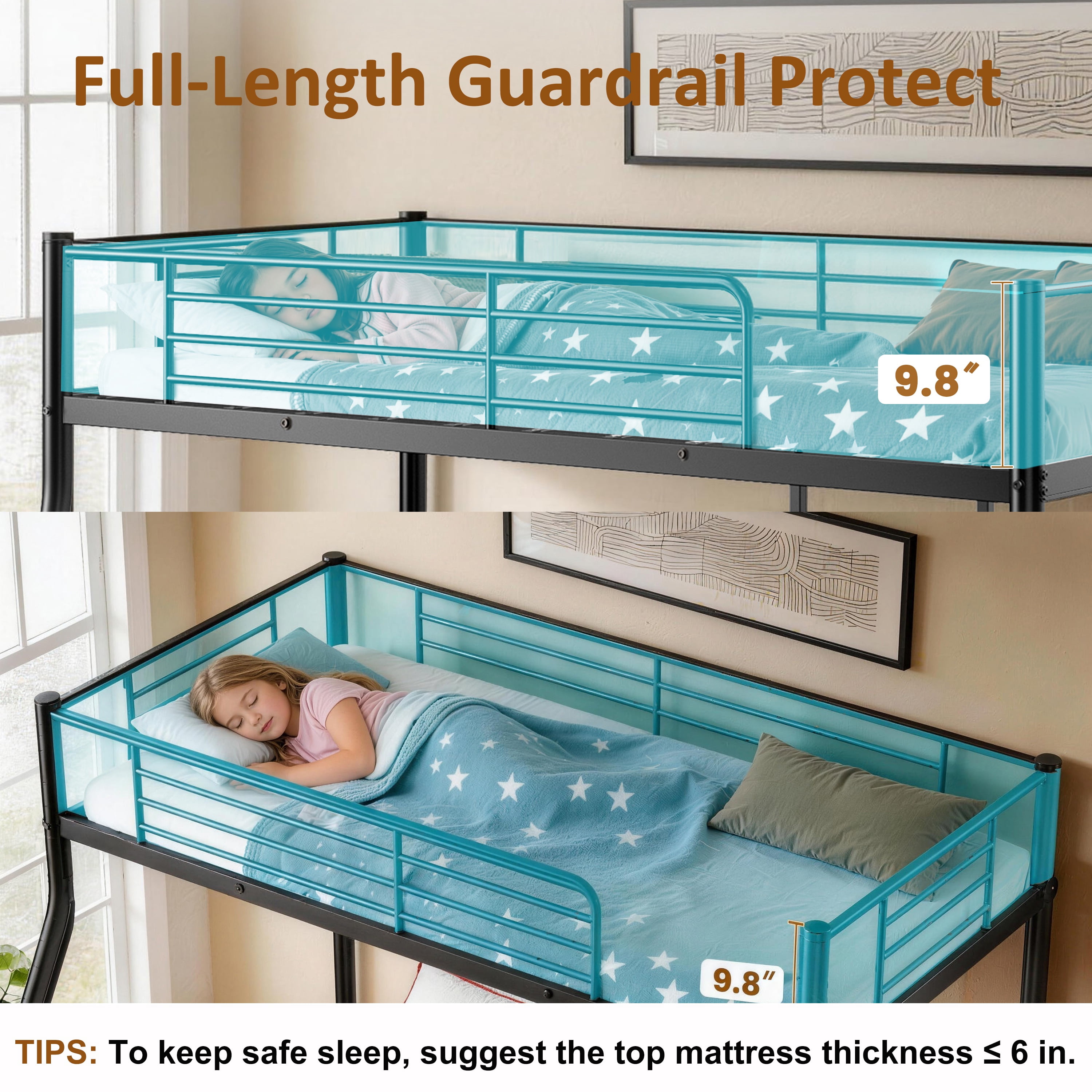 Twin Over Full Bunk Beds for Teens, LEGAHOME Heavy-Duty Metal Bunk Bed with Under-Bed Storage, 350lbs Capacity Space-Saving Bunkbeds Frame with Full-Length Guardrail, Black