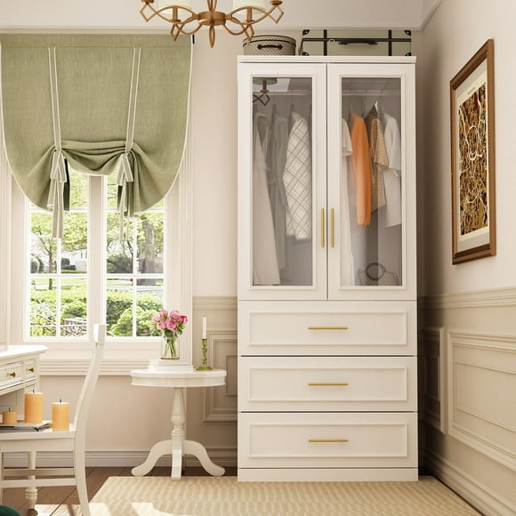 OXYLIFE Wardrobe Armoire Closet with Glass Doors, 3 Drawers and Hanging Rod, White