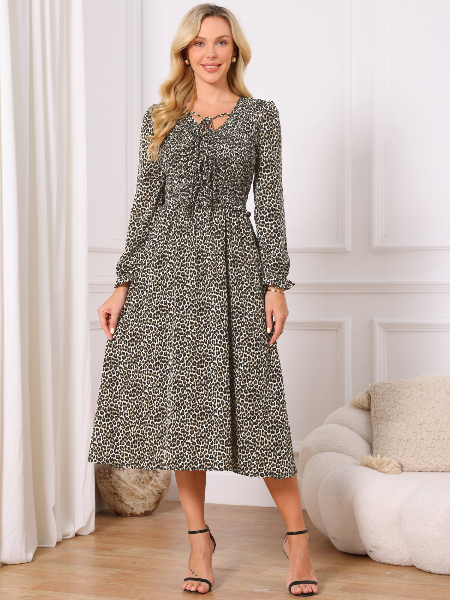 DARING DIVA Women's Leopard Print Long Sleeve Ruffle Tie Dress M Apricot
