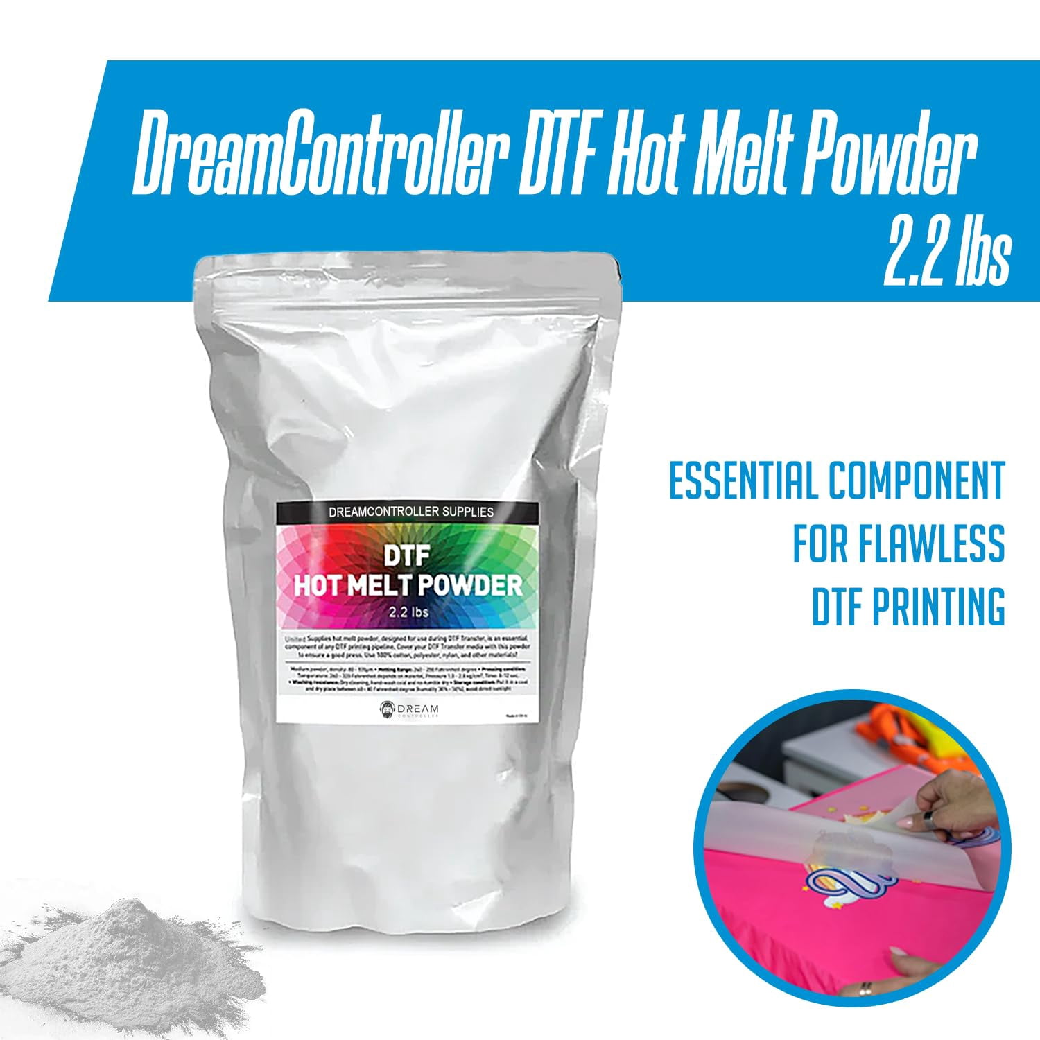 DTF Powder White 2.2lbs (35.2 oz) Hot Melt Adhesive Digital Transfer Printing - Compatible with Cotton, Polyester, Nylon & More - Medium-Density Powder (80-170µm) Optimal Result with All DTF Printer