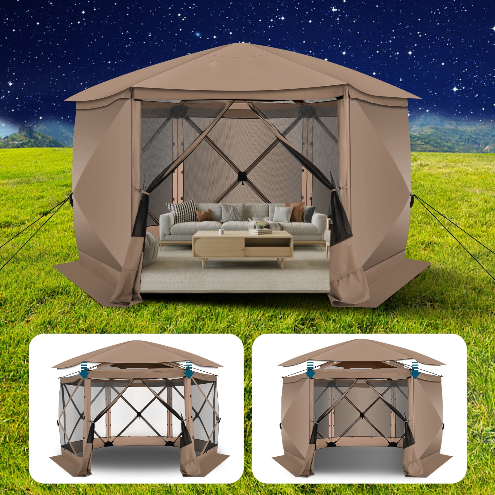 HOTEEL 12x12ft Outdoor Pop up Gazebo, 6 Sided Camping Canopy Tent with Mesh Windows, Portable Carry Bag, Waterproof, UV 50+, Large Shade Tents for Outdoor Camping, Backyard, Khaki