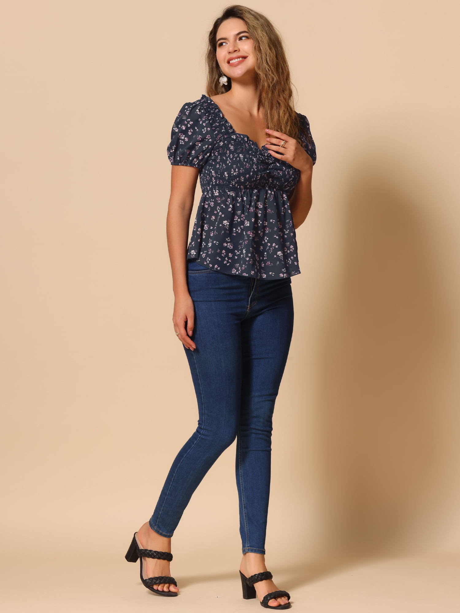 DARING DIVA Women's Floral Neck Ruffle Peasant Top Blouse XS Dark Blue