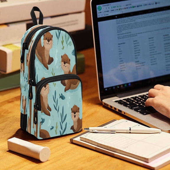 Backpack Pencil Case, 3 Compartment Large Capacity Oxford Fabric Pencil Pouch / Happy Otter Underwater Art