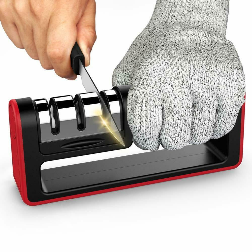 Knife and Scissor Sharpener Kitchen Knife Sharpener, 3-Stage Knife Sharpening System, Non-slip Base Kitchen Knife Sharpener, Easy to Use Red