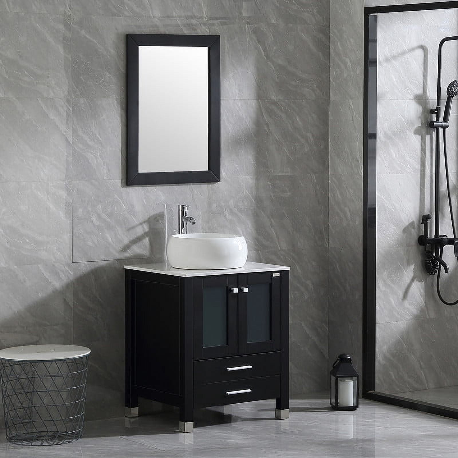 Walsport 24" Luxurious Bathroom Vanity Set with Mirror Black Cabinet and White Ceramic Vessel Sink 2 Large Sliding Drawers and 2-Door Pop-up Drain Faucet