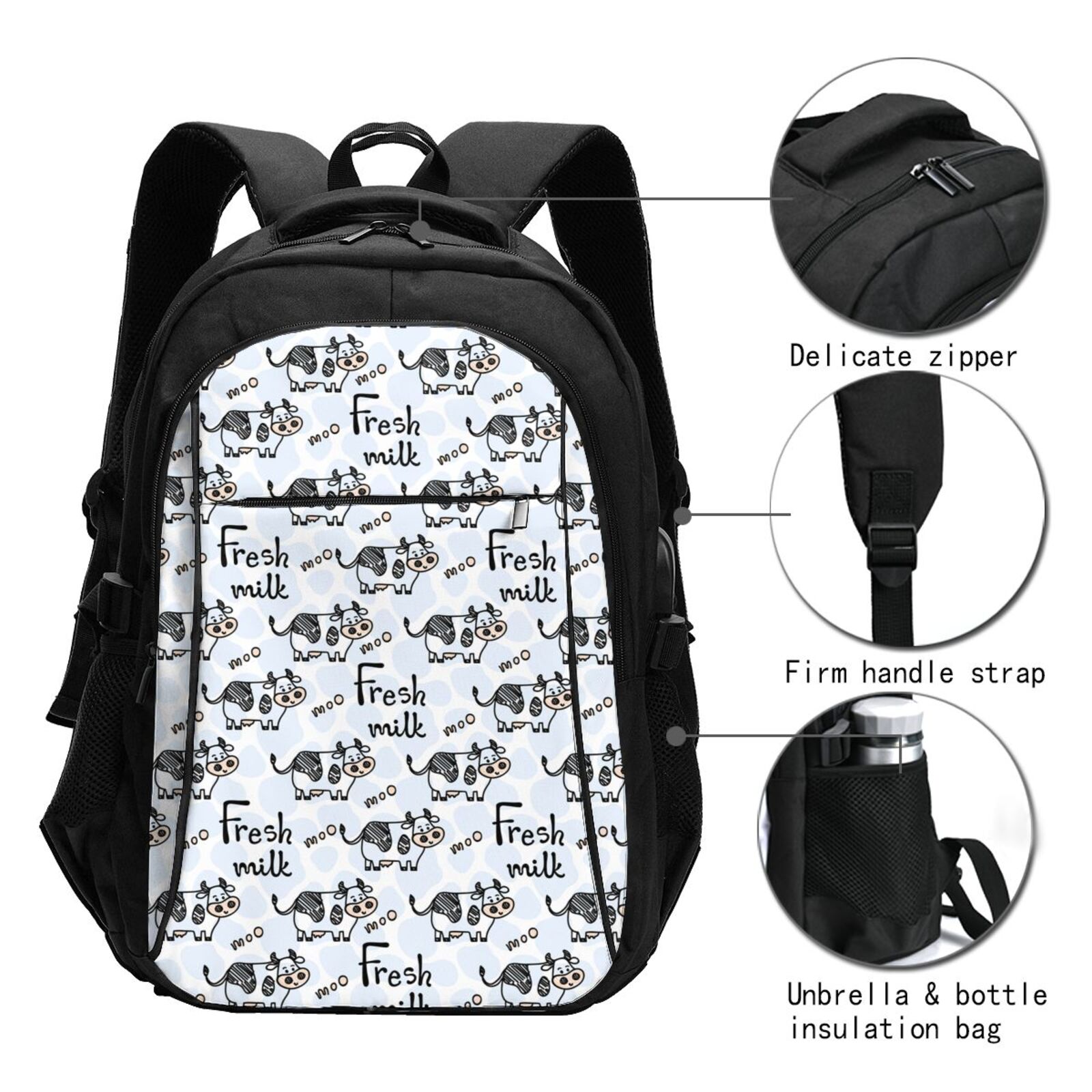 Horeoi Cow With Fresh Milk Print USB Backpack for Travel School Work with Laptop Compartment Charging Port and Anti-Theft Pocket