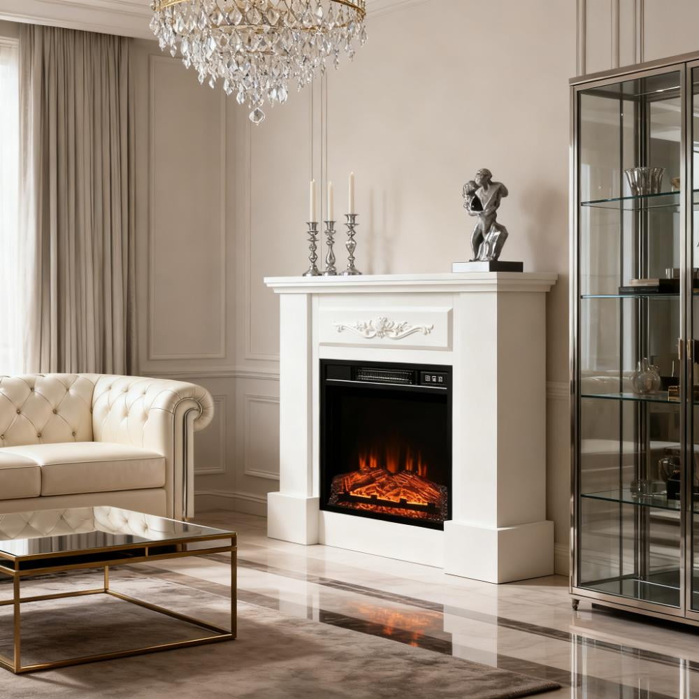 31" Electric Fireplace Mantel, Wood Entertainment Center with Electric Fireplace Heater and Remote Control, Elegant Tall TV Stand Suitable for Living Room, Bedroom