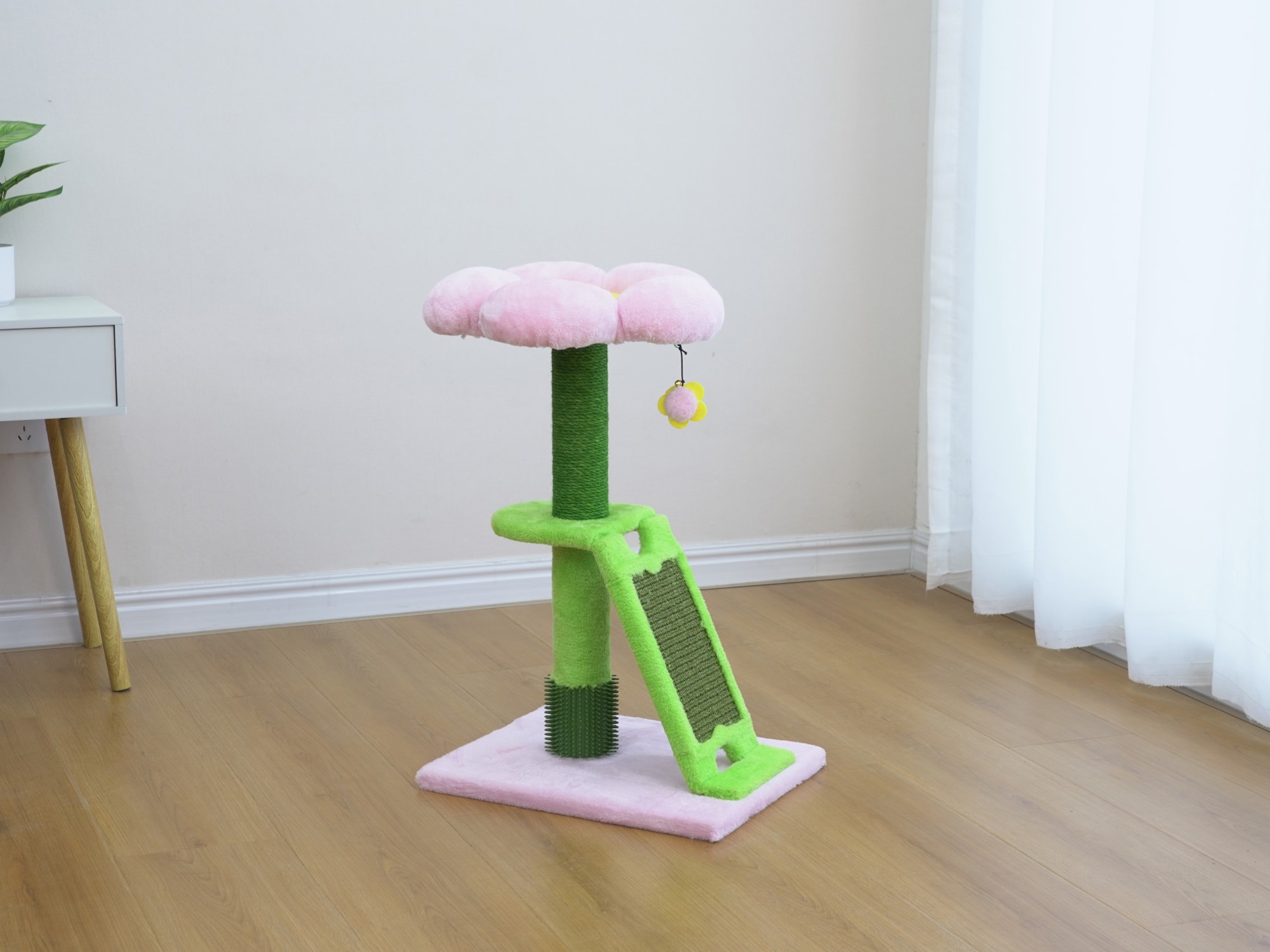 Vibrant Life Flower Cat Scratching Post with Grooming Brush, Pink and Green