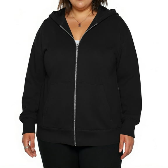 Domzest Plus Size Womens Sweatshirt Full-Zip Long Sleeve 3X-5X Hoodies Winter Light Loose Fit Cotton Drawstring Oversize Sweaters Casual with Pocket Jackets Black 3XL-Large