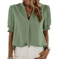 thumbnail image 1 of Camiseta con cuello en V para mujer, manga corta plisada, ajuste holgado, Color puro, blusas informales de verano, 1 of 5