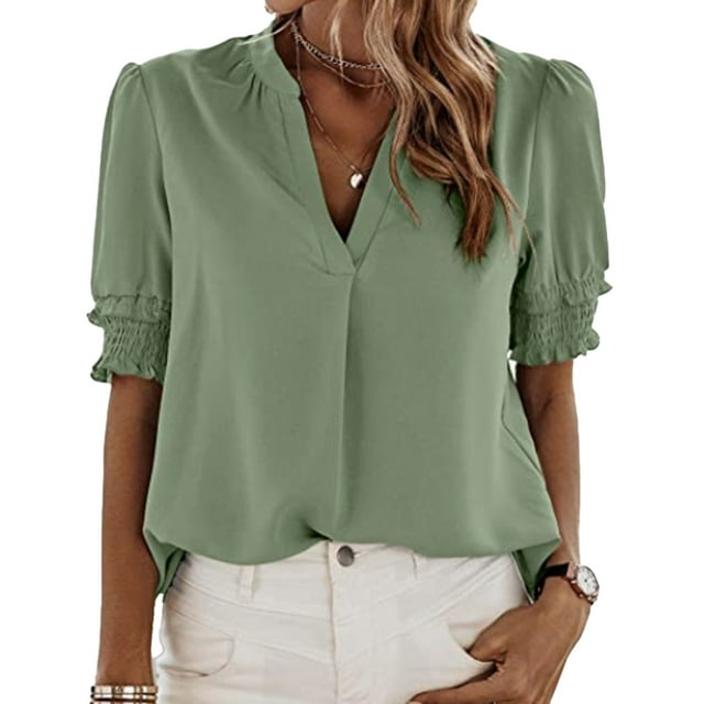 Camiseta con cuello en V para mujer, manga corta plisada, ajuste holgado, Color puro, blusas informales de verano
