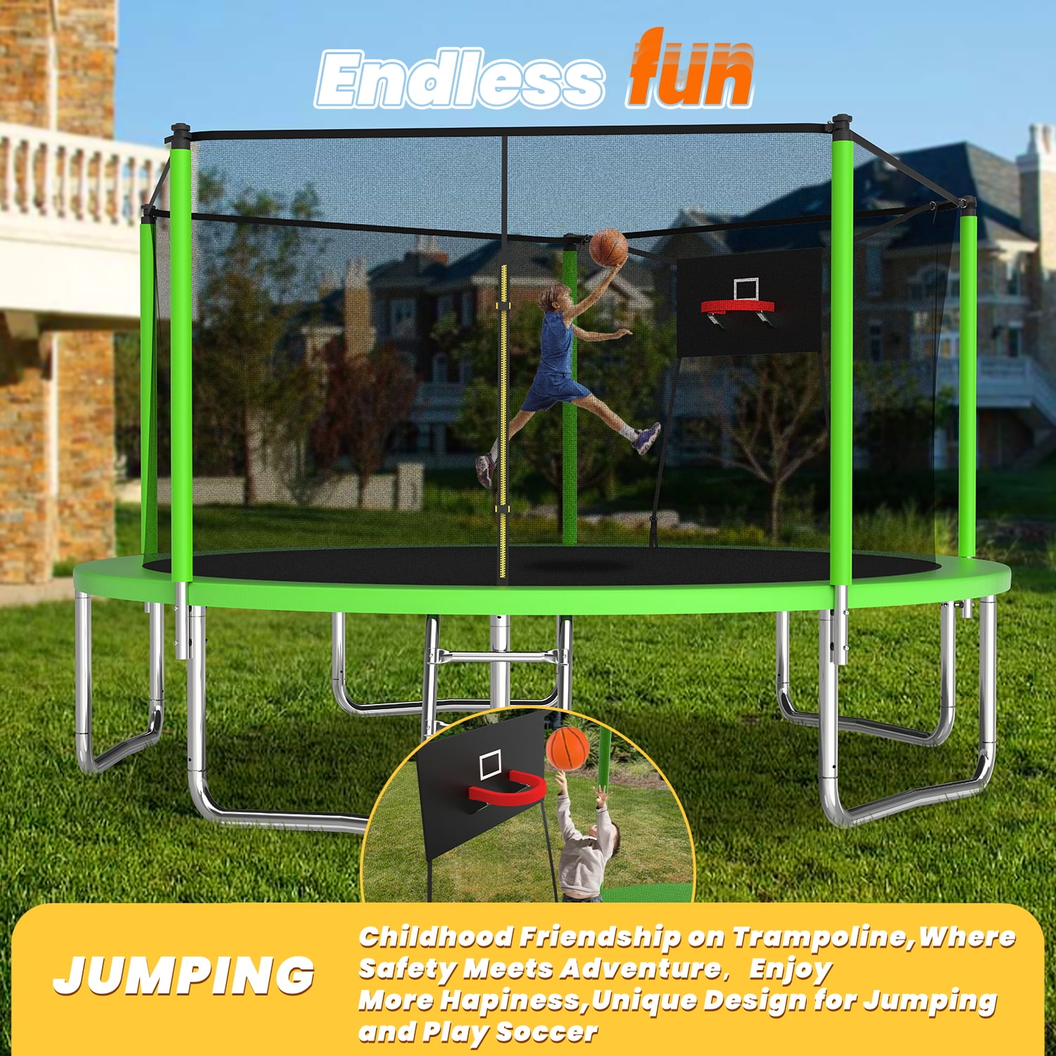 Mersco 14ft Trampoline for Kids and Adults, Outdoor Trampolines with Basketball Hoop and Enclosure Net, Heavy Duty Jumping Trampoline PLAY for Indoor Outdoor Boys and Girls Birthday Gift, Green