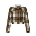 thumbnail image 4 of Women's Cropped Plaid Shacket Jackets Faux Fur Lapel Collar Button Down Flannel Shirts Outerwear Fall Short Tops (M, Coffee), 4 of 6