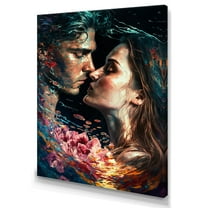 Designart Loving Couple Kissing Floral Design II Canvas Wall Art