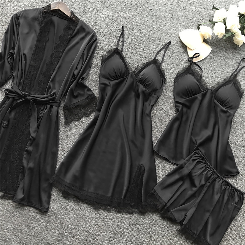 gakvov Plus Size Lingerie For Women'S Silk Satin Pajamas Nightdress 4 Pieces Floral Lace Cami Top Babydoll Sleepwear Set Lingerie Pajama Set With Kimono Cardigan Robe