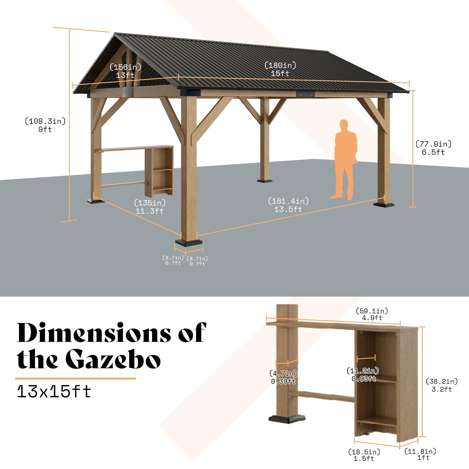 LUXOAK 13x15 ft Wood Gazebo with Bar Storage, Hardtop Pavilion & Steel Gable Roof