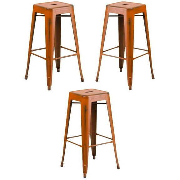 Home Square 30" Metal Backless Bar Stool in Distressed Orange - Set of 3