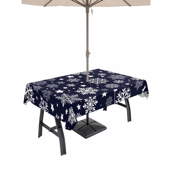Outdoor Tablecloth with Umbrella Hole and Zipper, Navy Blue Christmas Snowflakes Rectangle Table Cloth 60x102 Inch Waterproof Tablecloth, Xmas Winter Modern Picnic Table Cover for Patio Camping