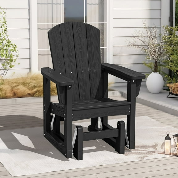 SERWALL Outdoor Glider Chair, HDPE Wood-Like Patio Glider Rocker All-Weather Porch Glider Black
