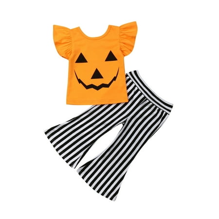 

Toddler Kids Baby Girl Halloween Outfit Pumpkin Face Short Ruffle Sleeve Shirt Stripe Bell Bottoms Pants Clothes Set
