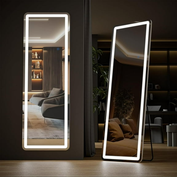 HYJY 64"x21" Mirror Full Length Standing Mirror with LED Lights, Lighted Floor Mirror with Stand, w/Dimming & 3 Color Lighting, Wall Mirror Full Length Aluminum Alloy Thin Frame, White