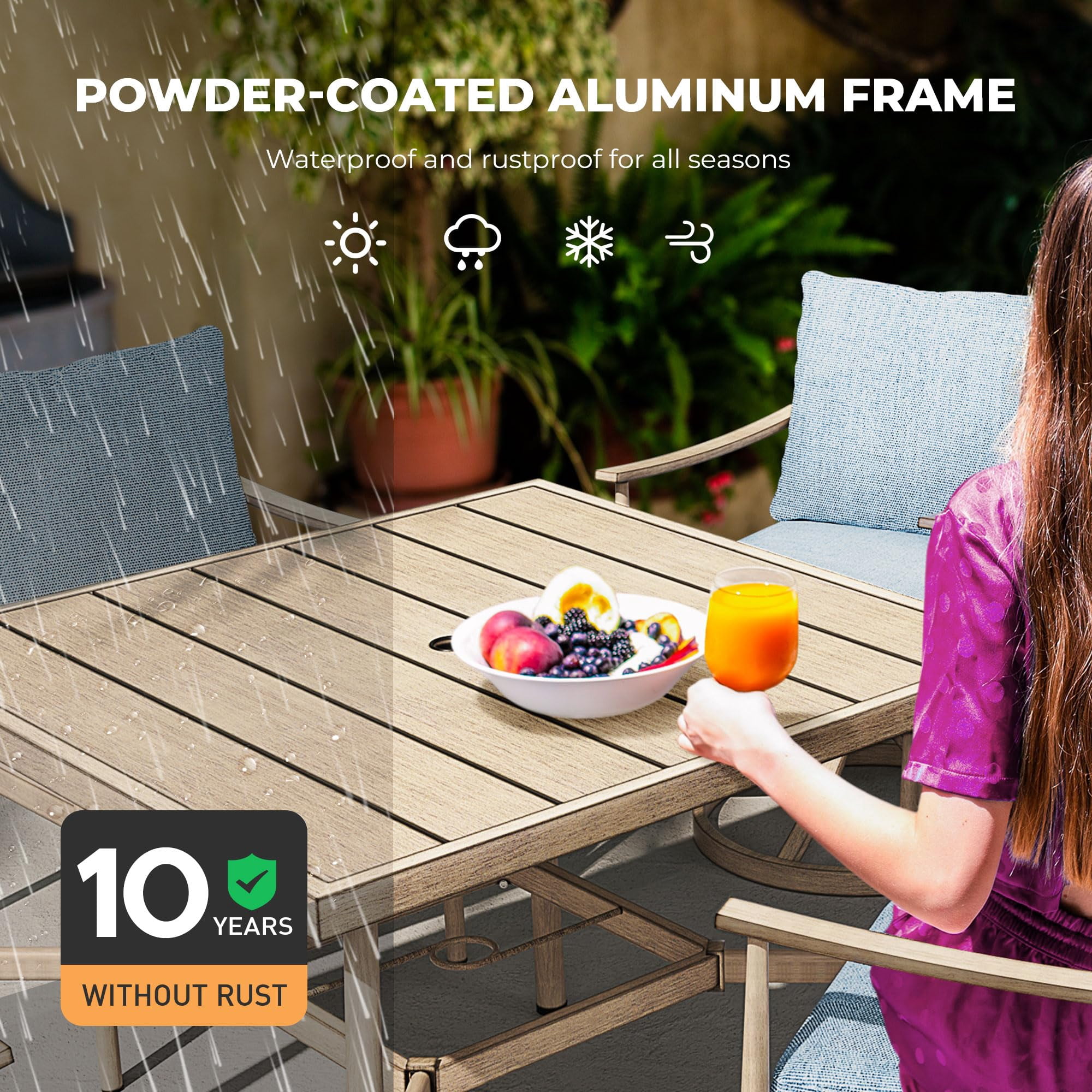Aluminum 35.4"x 35.4" Square Outdoor Patio Dining Table for 4 with Umbrella Hole and Adjustable Feet