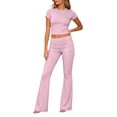 thumbnail image 6 of LEKWK Workout Sets for Women Short Sleeve Crewneck Crop Top and Low-Rise Flared Leggings Summer Fashion Yoga Athletic Gym Casual Lounge Outfits, 6 of 7