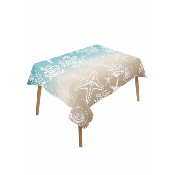 Teal Ombre Coastal Rectangle Tablecloth, Sea Nautical Summer Beach Starfish Coral Waterproof & StainResistant Tablecloth, Washable Oil-proof Table Cover for Dining/Party/Wedding/Buffet 60x84 In