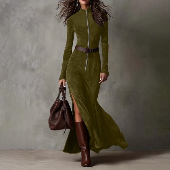 Blmnix Wedding Guest Dresses for Women Faux-Wrap Leather Waisted Petticoat Long Sleeve Zip Mock Neck Green Slip Dress for Women,XXL