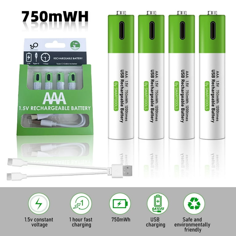 AA or AAA Batteries Rechargeable Type-C Lithium-Ion 1.5v 750-2600mWh Charger