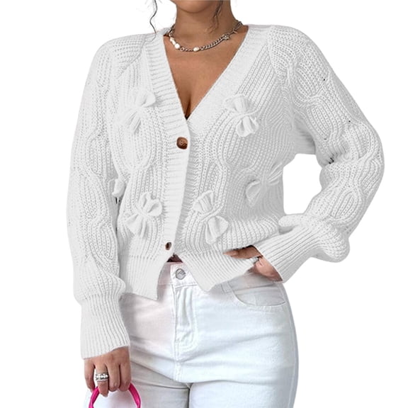 Women's Bowknot Chunky Knit Cardigan Sweaters Open Front Cozy Long Sleeve Button Up Cardigan for Winter White S