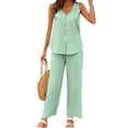 thumbnail image 3 of Frontwalk Women Casual Suits V Neck Lounge Sets Elastic Waist 2 Piece Outfits Ladies Loose Fit Wide Leg Pants Set Striped Green 2XL, 3 of 4