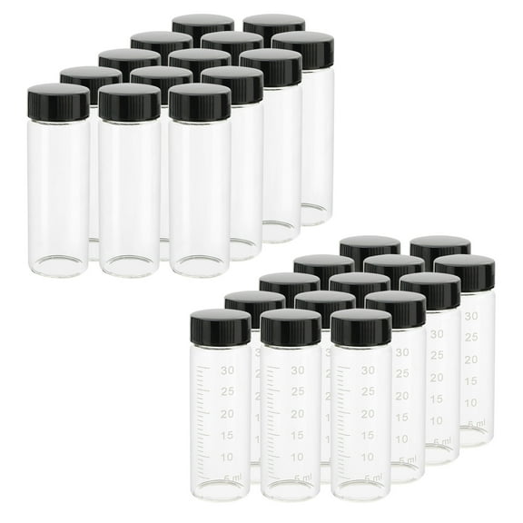 Clear Small Glass Vials with Scale(14pcs) Black Screwcap Liquid Sampling Sample Glass Bottles for Chemistry Lab Chemicals  28pcs 30ml