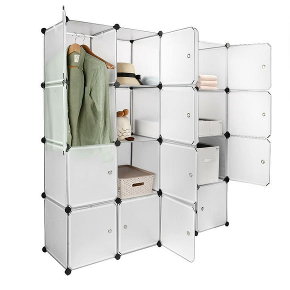 16 Cube Portable Wardrobe Closet Organizer with Hanging Rod, Multi-Use DIY Plastic Storage Cabinet