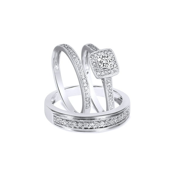 AFFY White Natural Diamond Engagement & Wedding Trio Bridal Ring Set In 10k White Gold (0.5 Cttw)