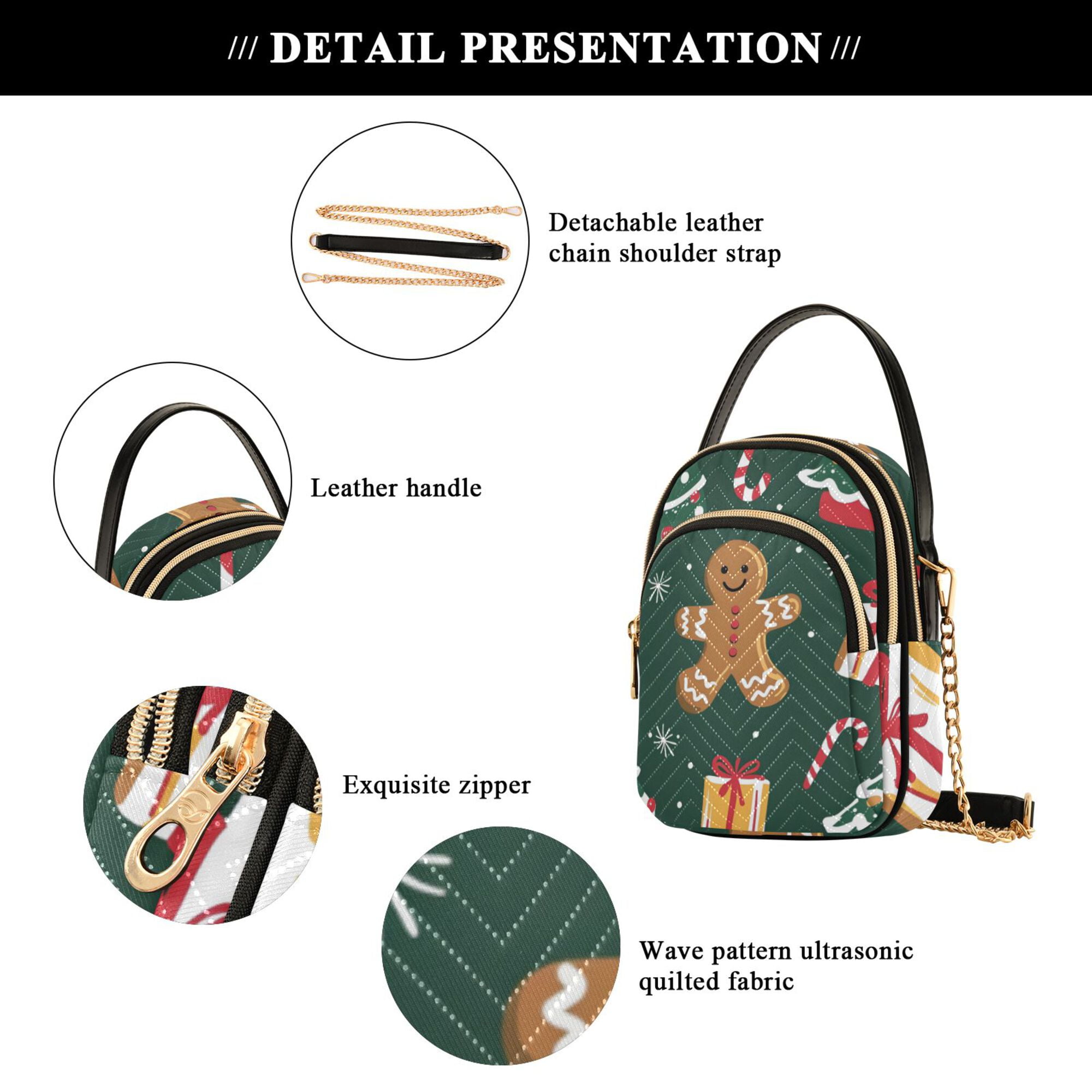 FORMRS Crossbody Bag for Women Quilted Travel Shoulder Cell Phone Purse with Chain Strap Handbag, Green Christmas Gingerbread
