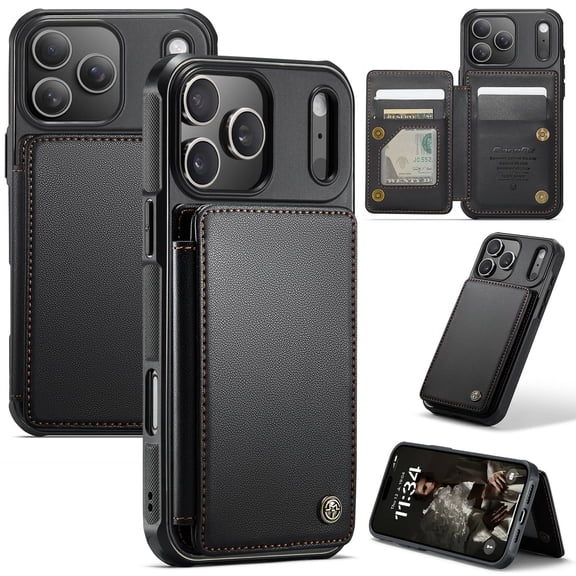 For iPhone 17 Pro Wallet Case with Card Holder, RFID Blocking Leather Flip Case, Magnetic Clasp, Built-in Kickstand, Shockproof Protective Cover
