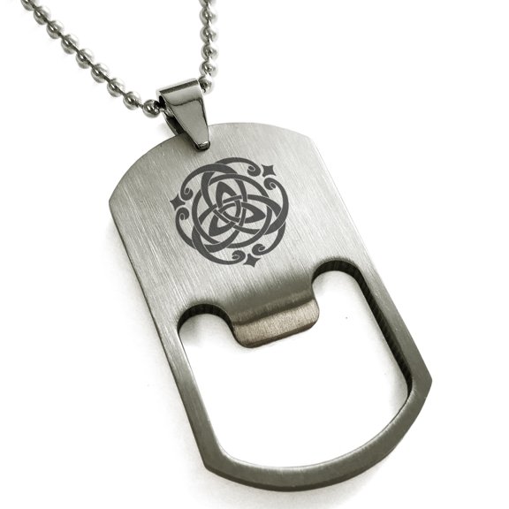 Stainless Steel Celtic Triquetra Heart Knot Engraved Bottle Opener Dog Tag Pendant Necklace