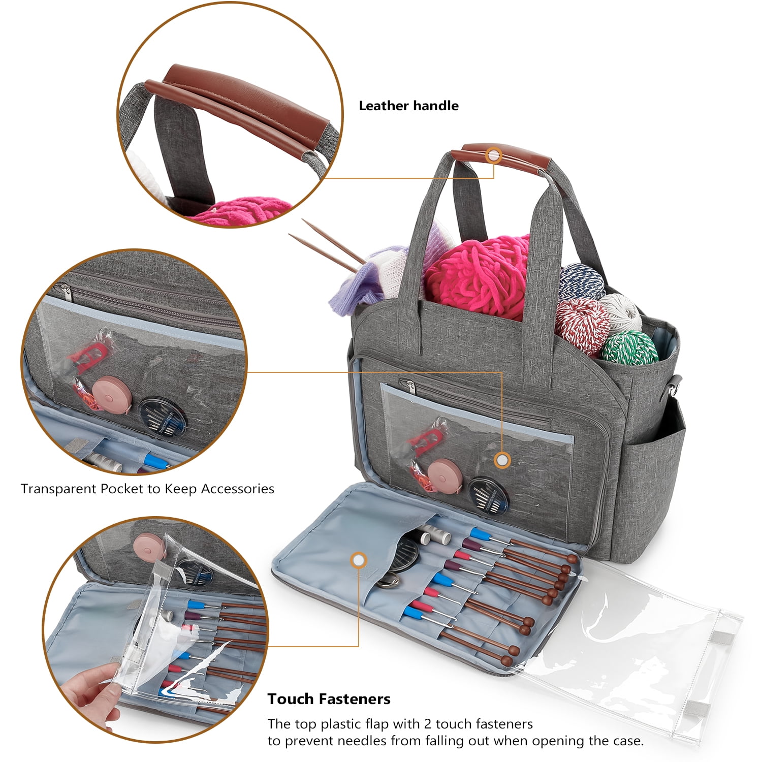Knitting Bag Yarn Storage Tote - Yarn Storage Organizer, Crochet Organizer Bag with Crochet Hooks, Yarn Skiens, Knitting Needles and Accessories