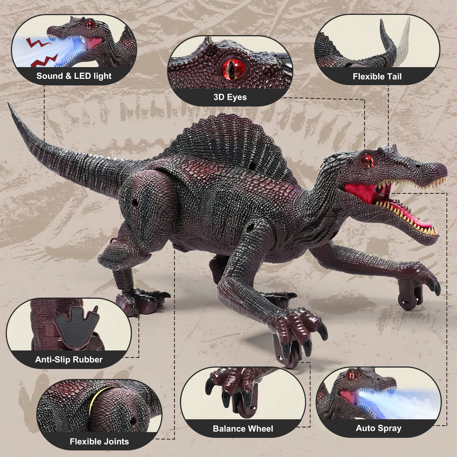 HopeRock Remote Control Dinosaur Toys for Boys 3-6 Years, Electronic RC Spinosaurus Robot Dinosaurs with Spray & Light & Roar, Realistic Walking T-Rex Toys Birthday Gifts for Boys 6-12.