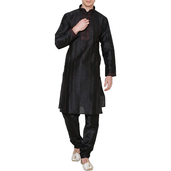 Royal Kurta Men's Silk Blend Pintuck Thread Sherwani Black