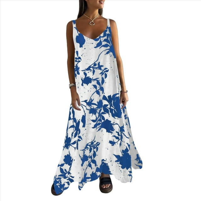 Vestido Bohemio de Verano con Tirantes Finos, Sin Mangas y Cuello en V para Mujer, con Estampado Floral, para Vacaciones, Color Azul S