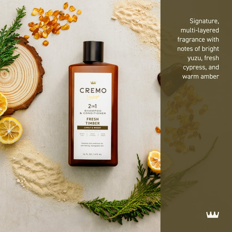 Cremo 2-in-1 Men's Shampoo and Conditioner, Fresh Timber Scent, 16