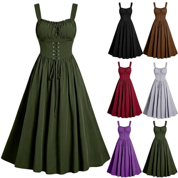 FNFYFH Renaissance Corset Dress for Women Lace Up Cottagecore Dress Sleeveless Long Dress Medieval Costume