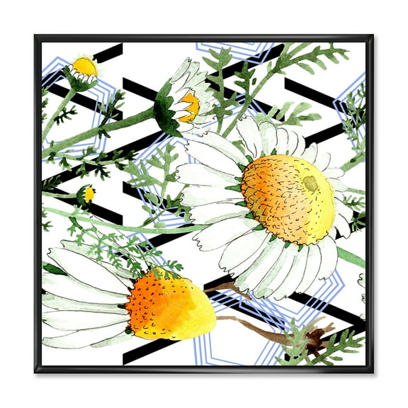 Designart 'Wild Spring Chamomile Flowers On Geometric Lines' Traditional Framed Canvas Wall Art Print