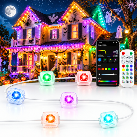 Naeqieo Permanent Outdoor Lights 100ft & 60 LEDs, IP67 Waterproof Smart Eave Lighting with APP & Remote Control, DIY LED Scenes Modes for Party, Daily, Halloween, Garden