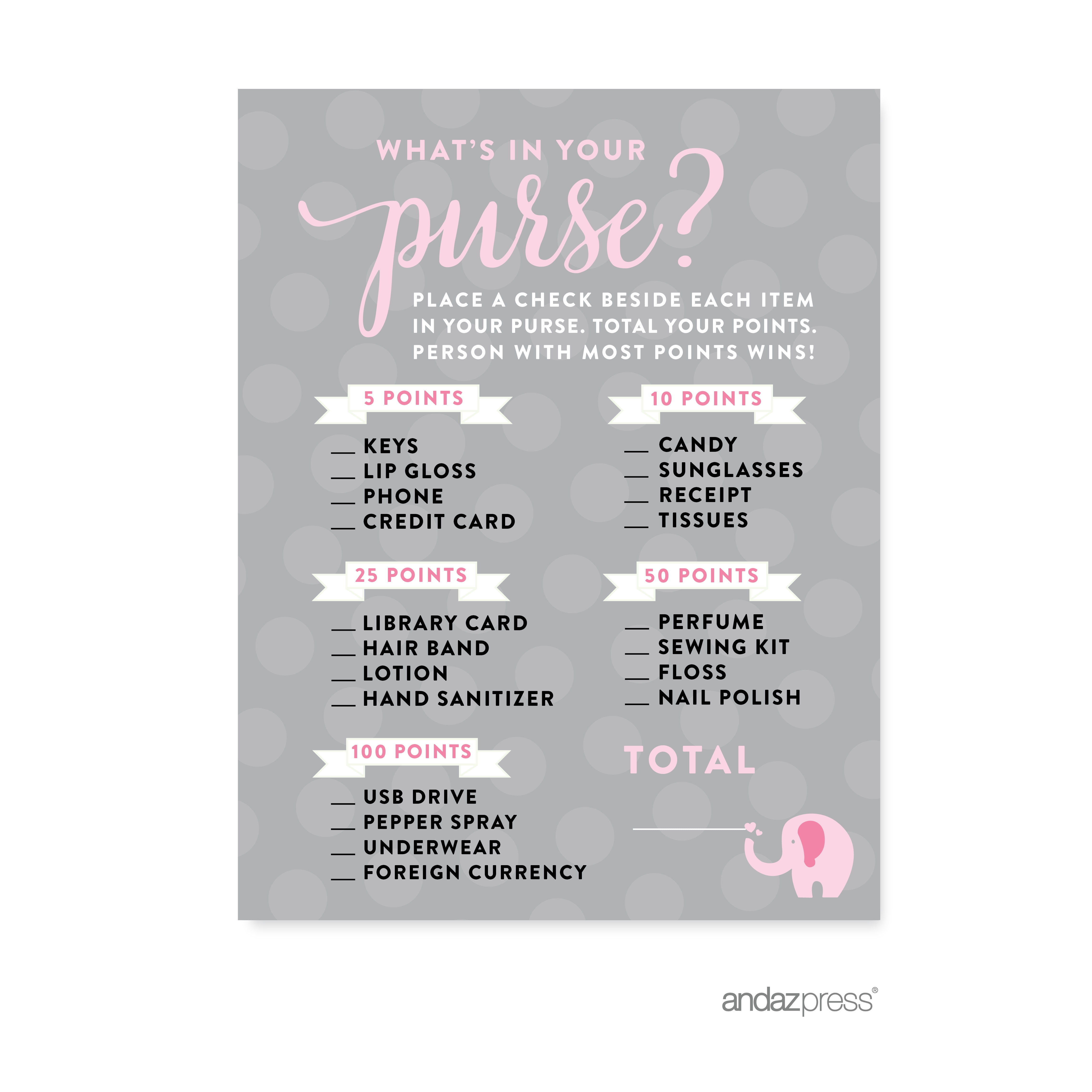 What S In Your Purse Bubblegum Pink Girl Elephant Baby Shower Games