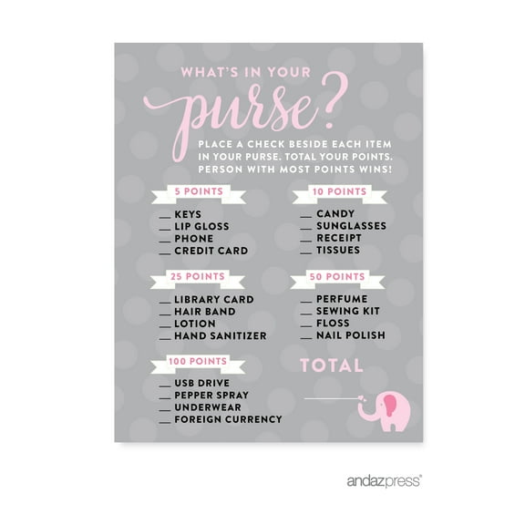 What's In Your Purse? Bubblegum Pink Girl Elephant Baby Shower Games, 20-Pack